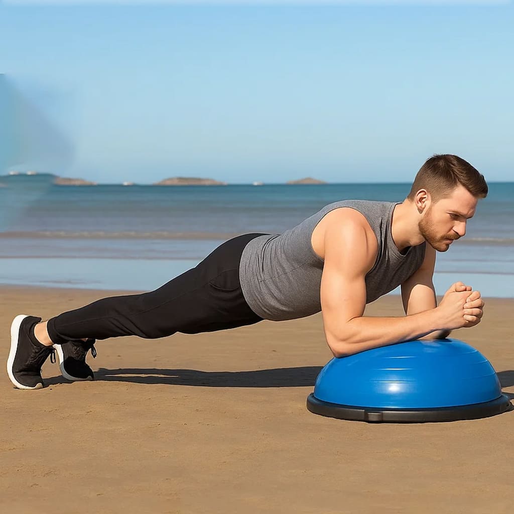 Person using Medivita BalanceKern trainer on the beach, performing a plank exercise for core strength and balance.