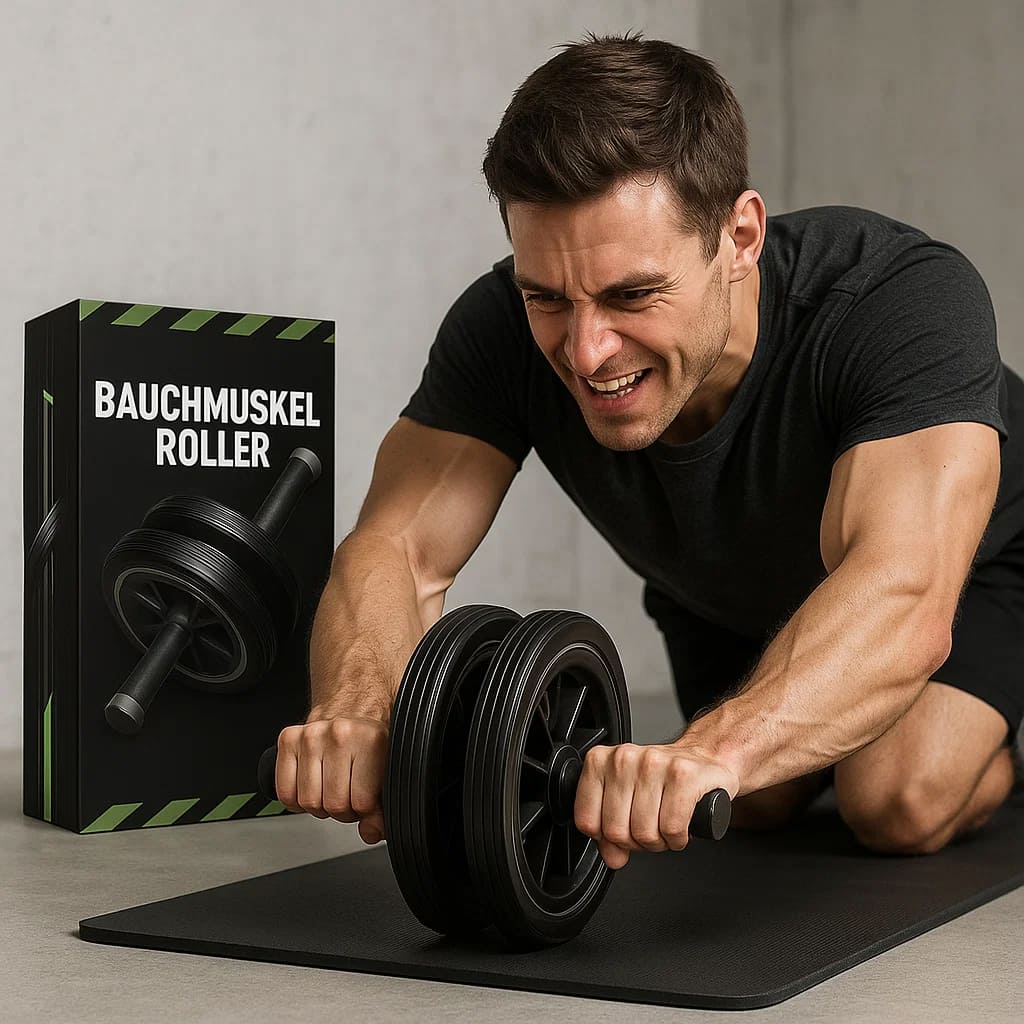 Man exercising with Medivita Bauchmuskel Roller on yoga mat, improving core strength and balance, product box visible in background.