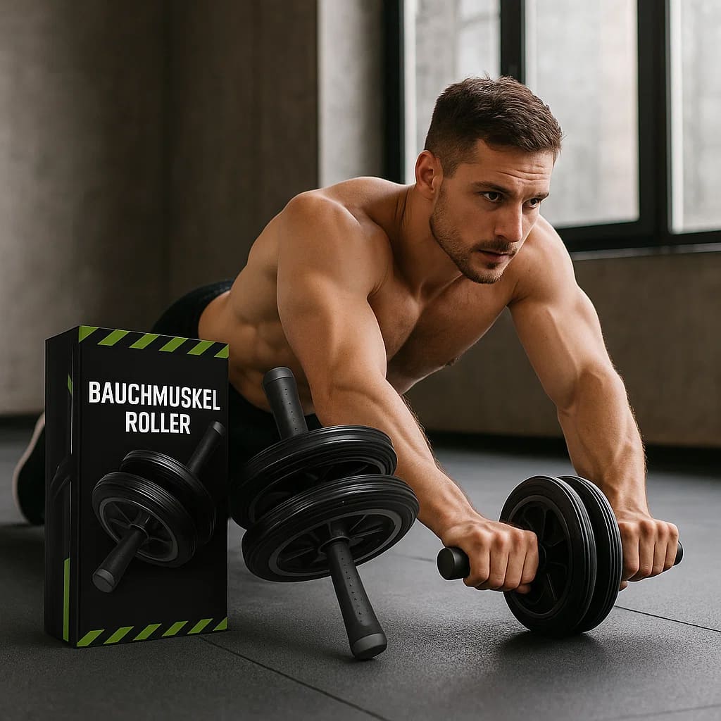 Man using Medivita Bauchmuskel Roller for core workout in home gym with product box visible, enhancing abdominal muscles and stability.