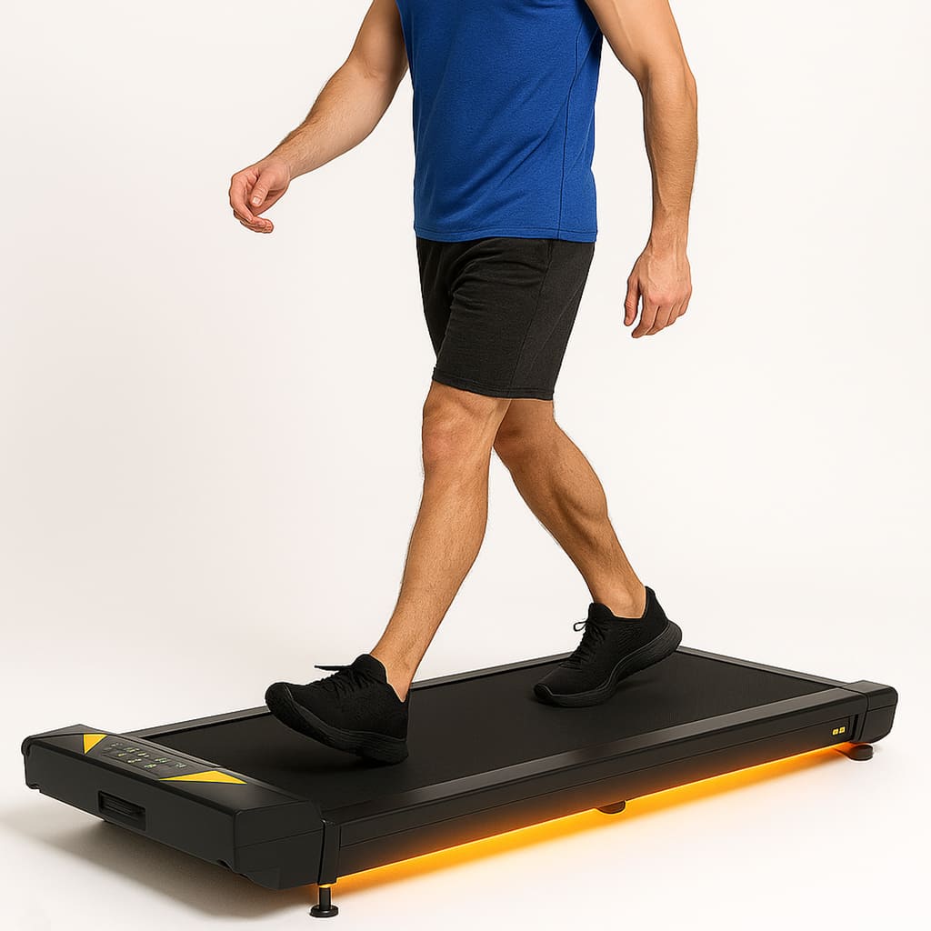 Man walking on Medivita GehAktiv walking pad, emphasizing compact design for home use, promoting easy and gentle exercise.