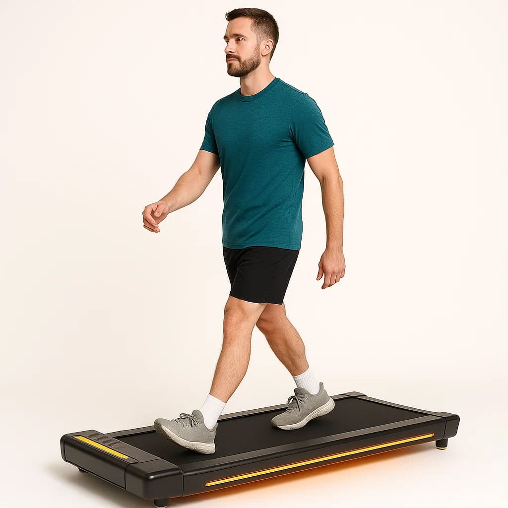 Man walking on Medivita GehAktiv ultra-slim walking pad for joint-friendly indoor exercise.