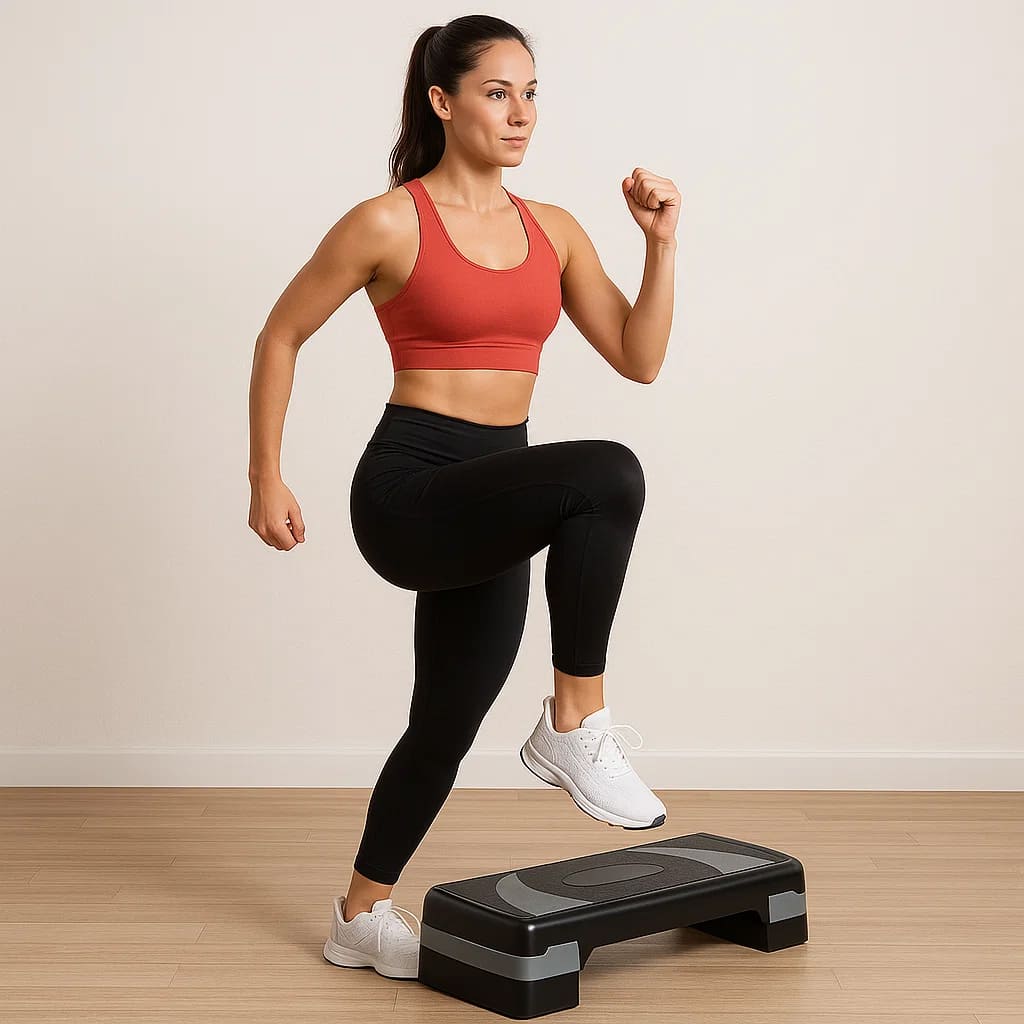 Woman exercising on Medivita HöhenStep adjustable step board in a fitness setting.
