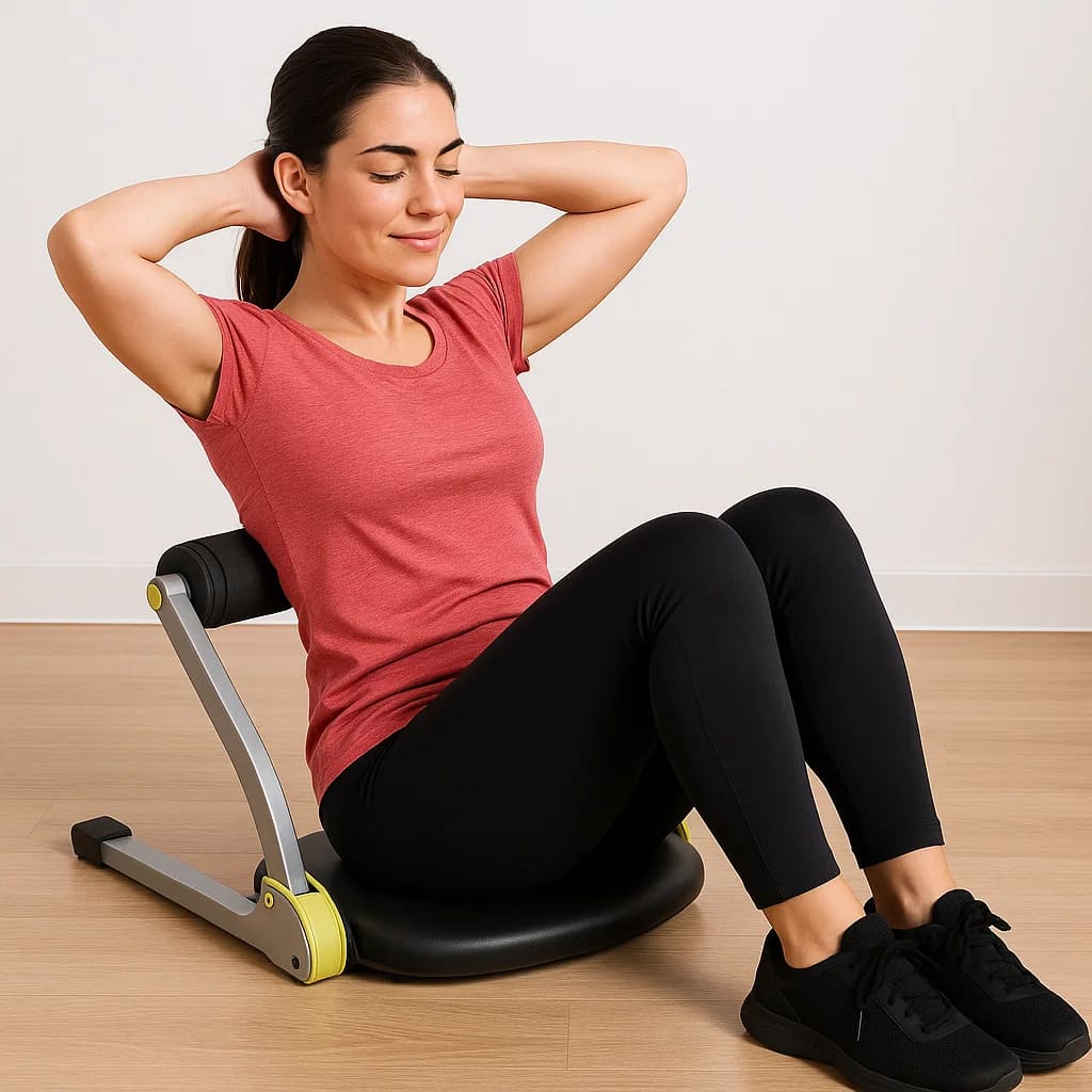 Woman using Medivita KörperStark home trainer for core workout, wearing red top and black leggings, in a home setting.