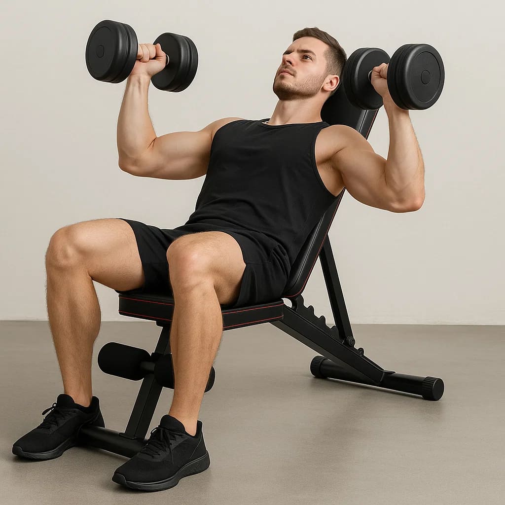 Man using Medivita KraftBank foldable weight bench for strength training with dumbbells at home