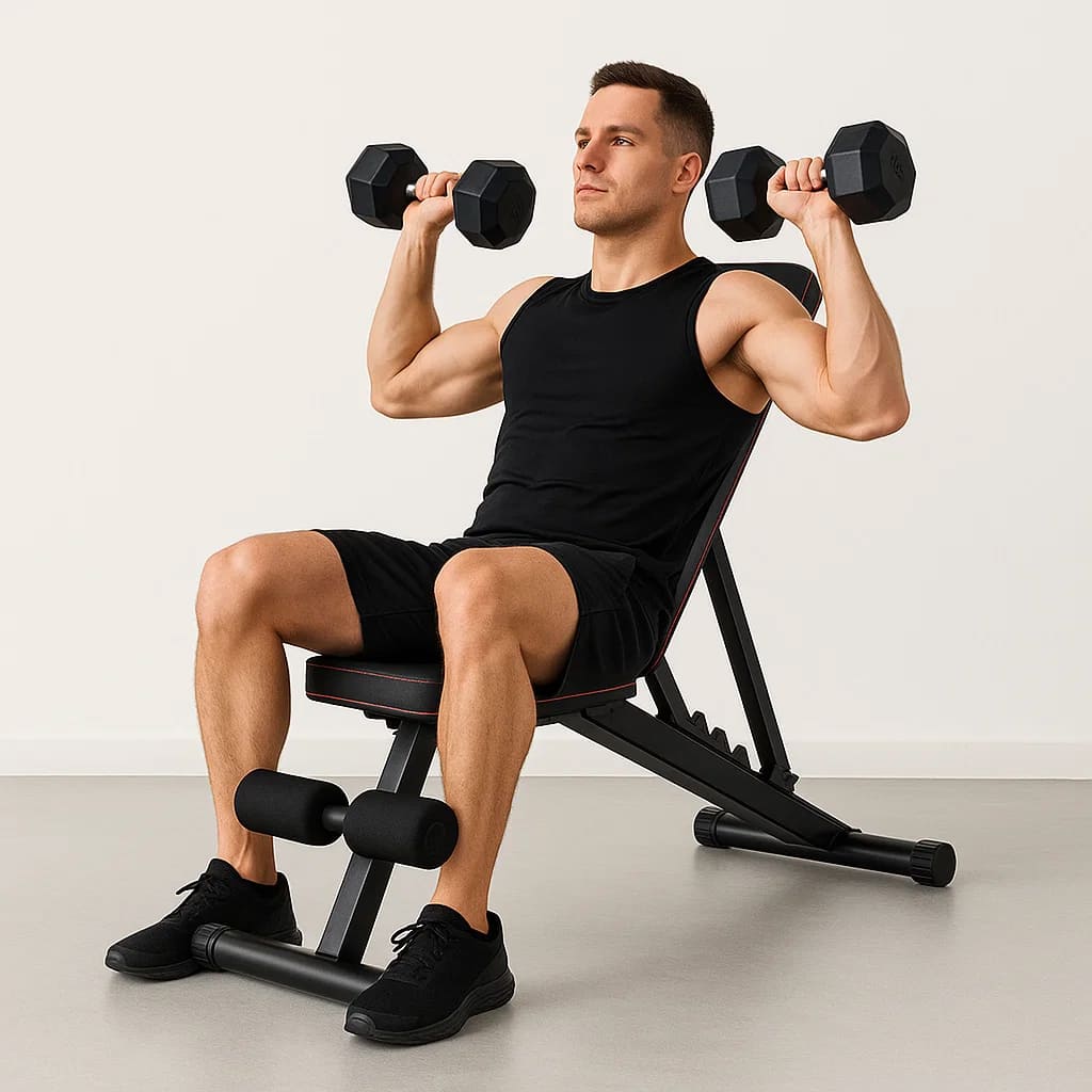Man performing shoulder press on Medivita KraftBank fitness bench with dumbbells, showcasing home workout capabilities.