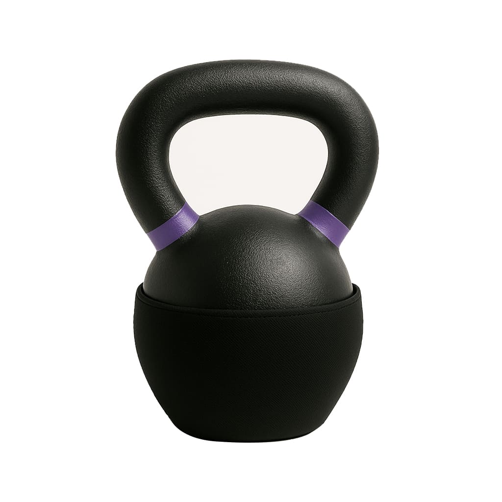 Black Medivita KraftKugel kettlebell with purple accents, ideal for strength training and home workouts.