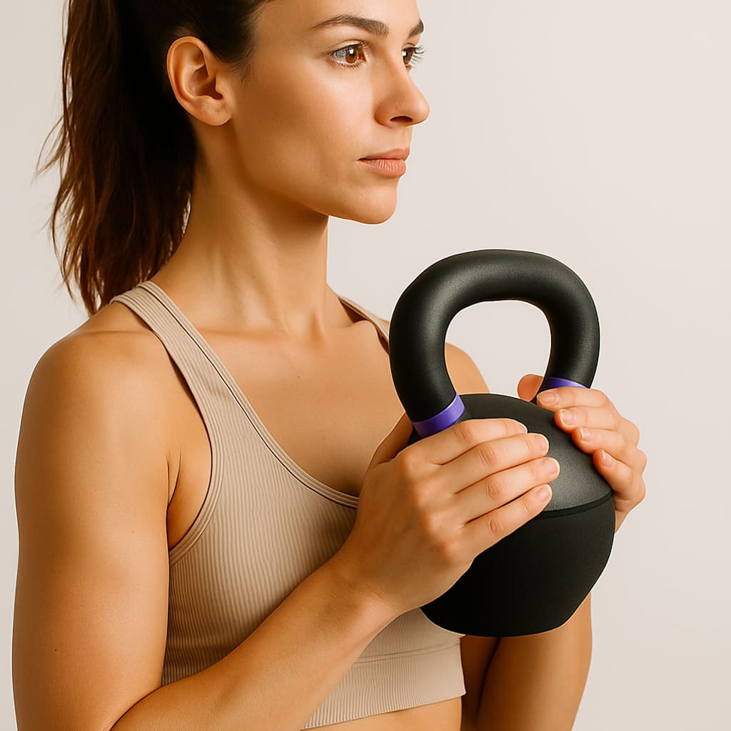 Woman holding Medivita KraftKugel kettlebell, perfect for functional strength training, featuring ergonomic grip and durable cast iron design.