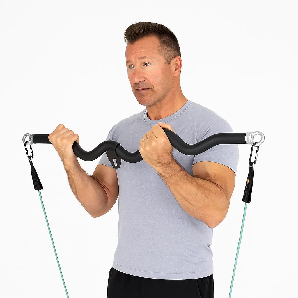 Man using Medivita KraftWelle ergonomic curl bar for strength training