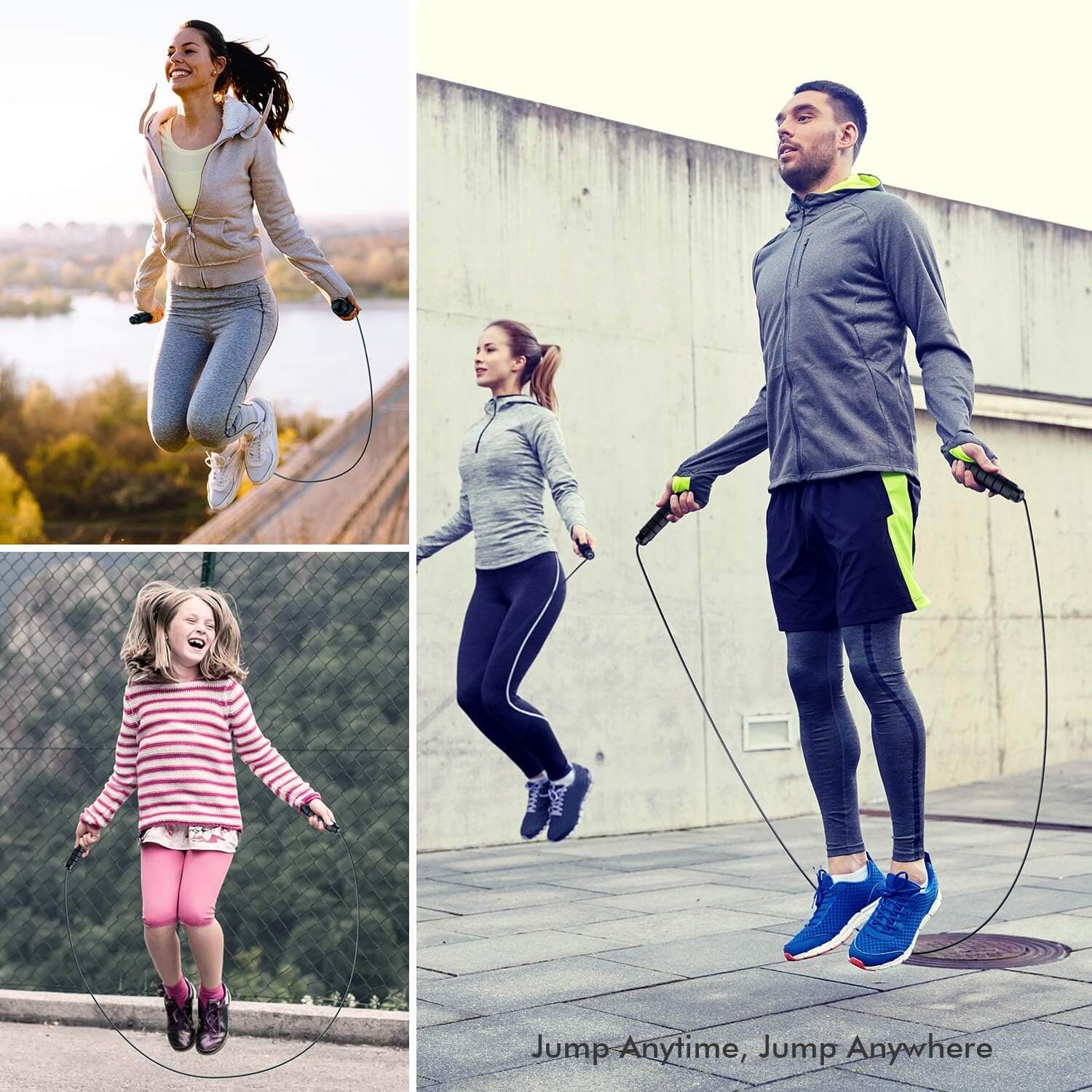 Adults and child using Medivita Speed Springseil for outdoor exercise, showcasing adjustable length and ergonomic handles.