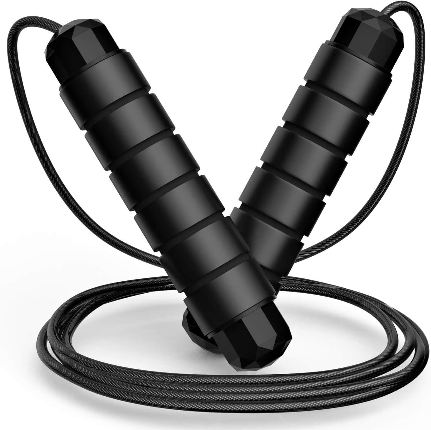 Black Medivita Speed Springseil with ergonomic foam handles and adjustable steel wire, ideal for fast, tangle-free skipping.