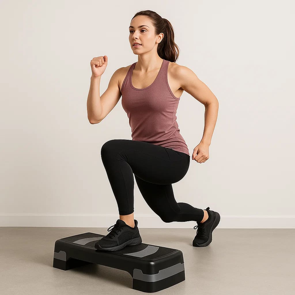 Woman exercising on a Medivita HöhenStep, an adjustable step board for versatile home and gym workouts with a non-slip surface.