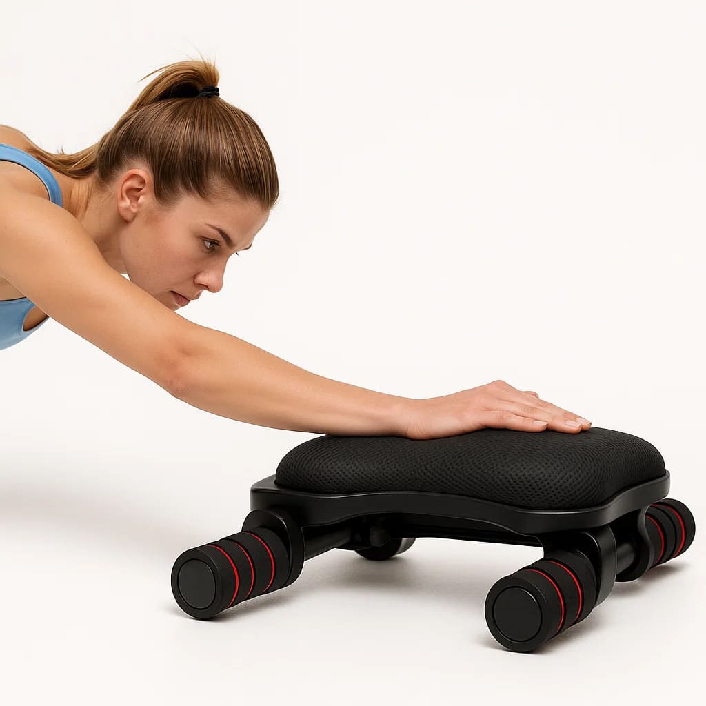 Woman using Medivita KernAktiv for core workout at home, focusing on abdominal muscles.