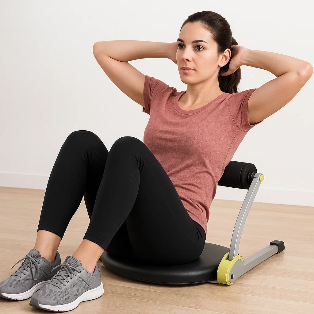 Woman using Medivita KörperStark for core strengthening and full-body workout at home, illustrating versatile use of the compact trainer.