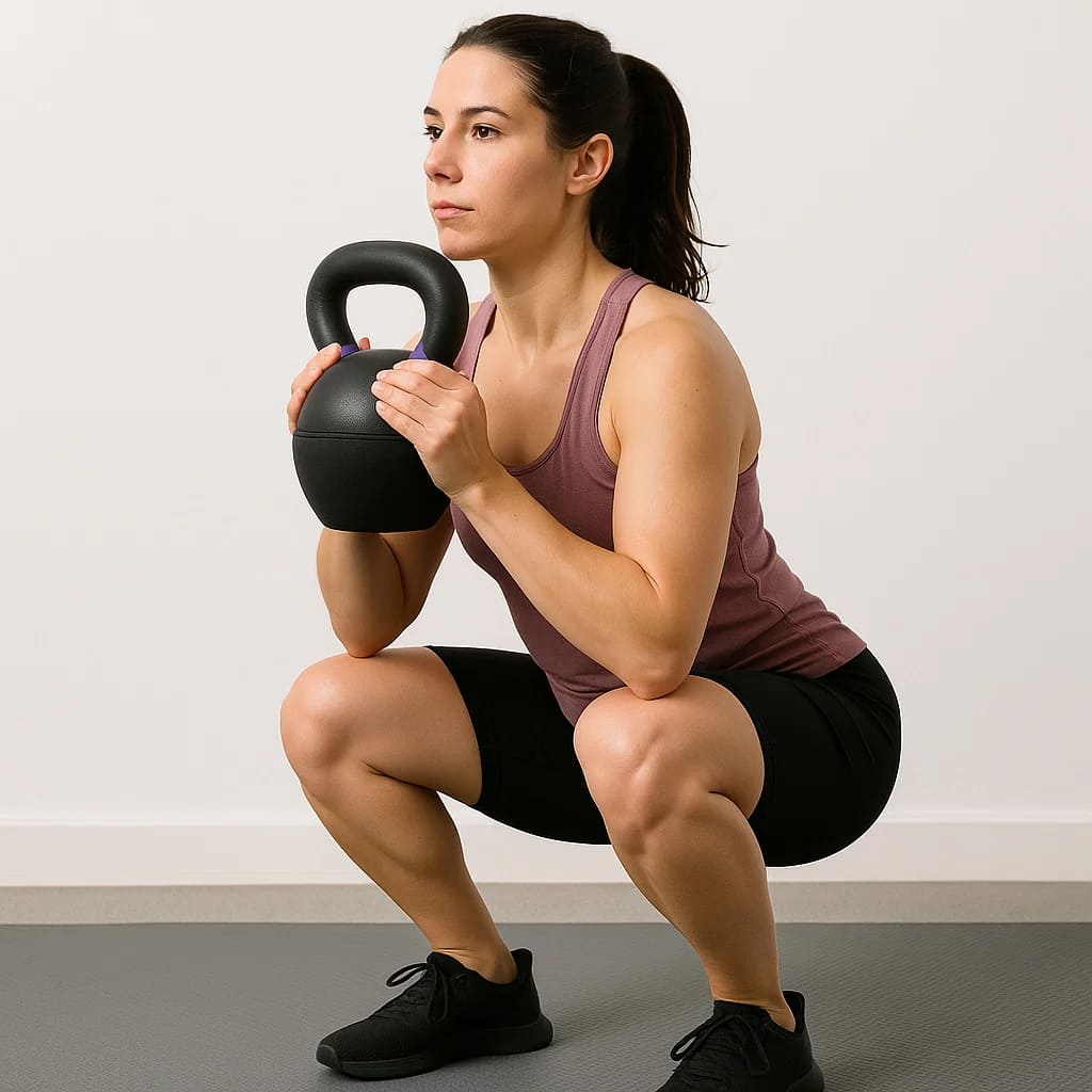 Woman performing squat exercise with Medivita KraftKugel, a durable cast-iron kettlebell designed for strength and stability.