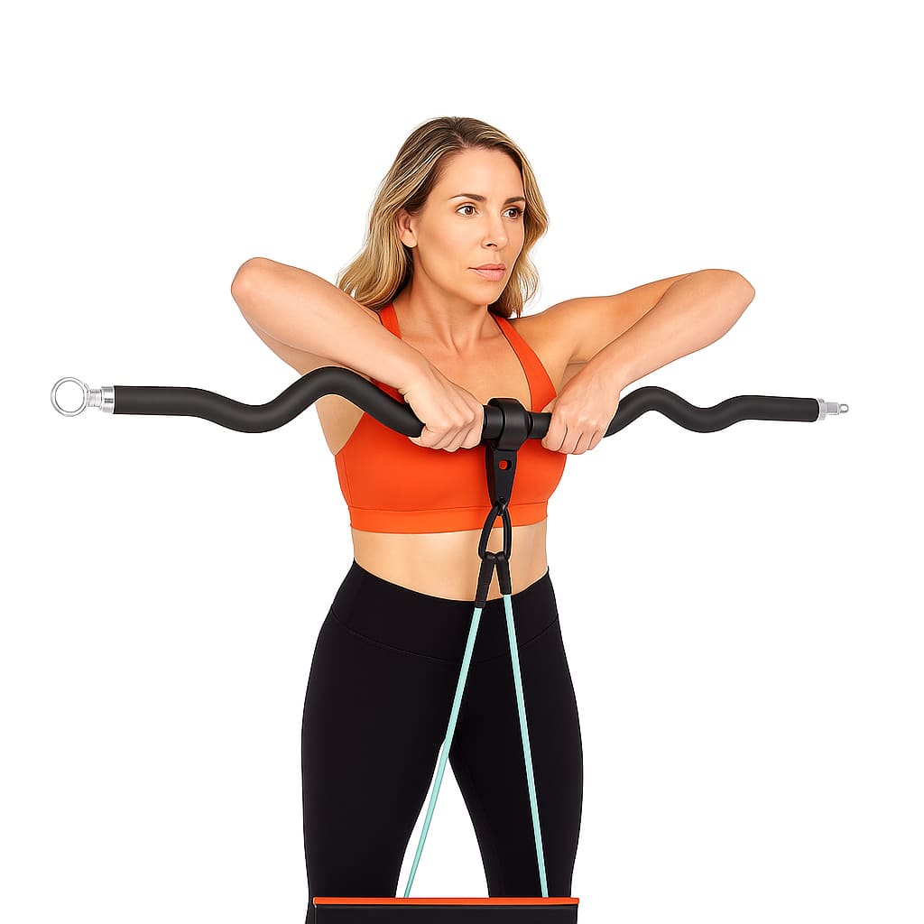 Woman using Medivita KraftWelle ergonomic curl bar for cable exercise, focusing on muscle strength training at home or gym.