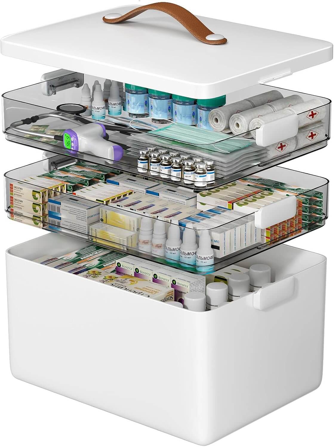 Medivita 3-tier medicine box with leather handle, showcasing organized storage for various bottles and boxes in durable BPA-free plastic.