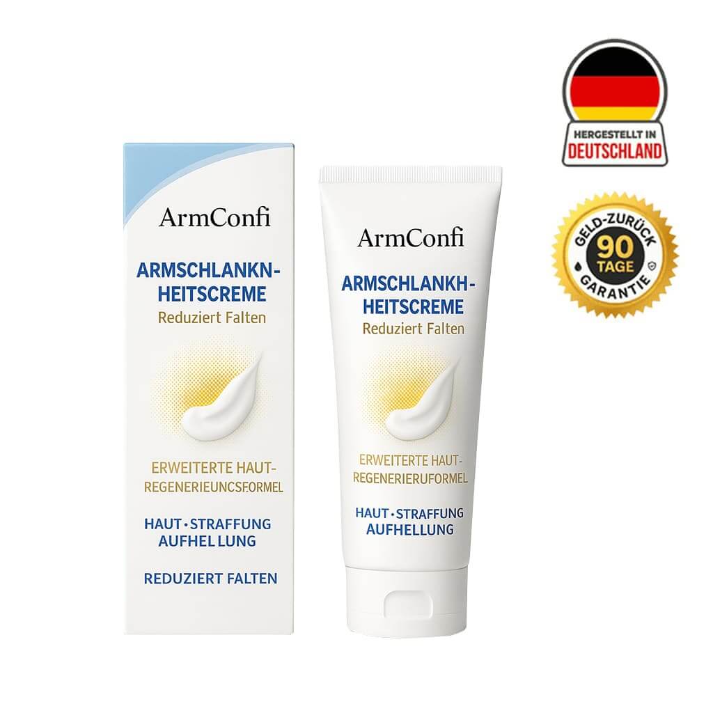 ArmConfi Armschlankheitscreme packaging with German quality seal and 90-day money-back guarantee badge.