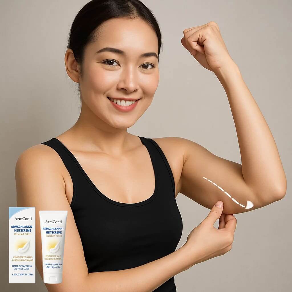 Woman applying ArmConfi Armschlankheitscreme for smooth, firm upper arms, showcasing product benefits for skin appearance.