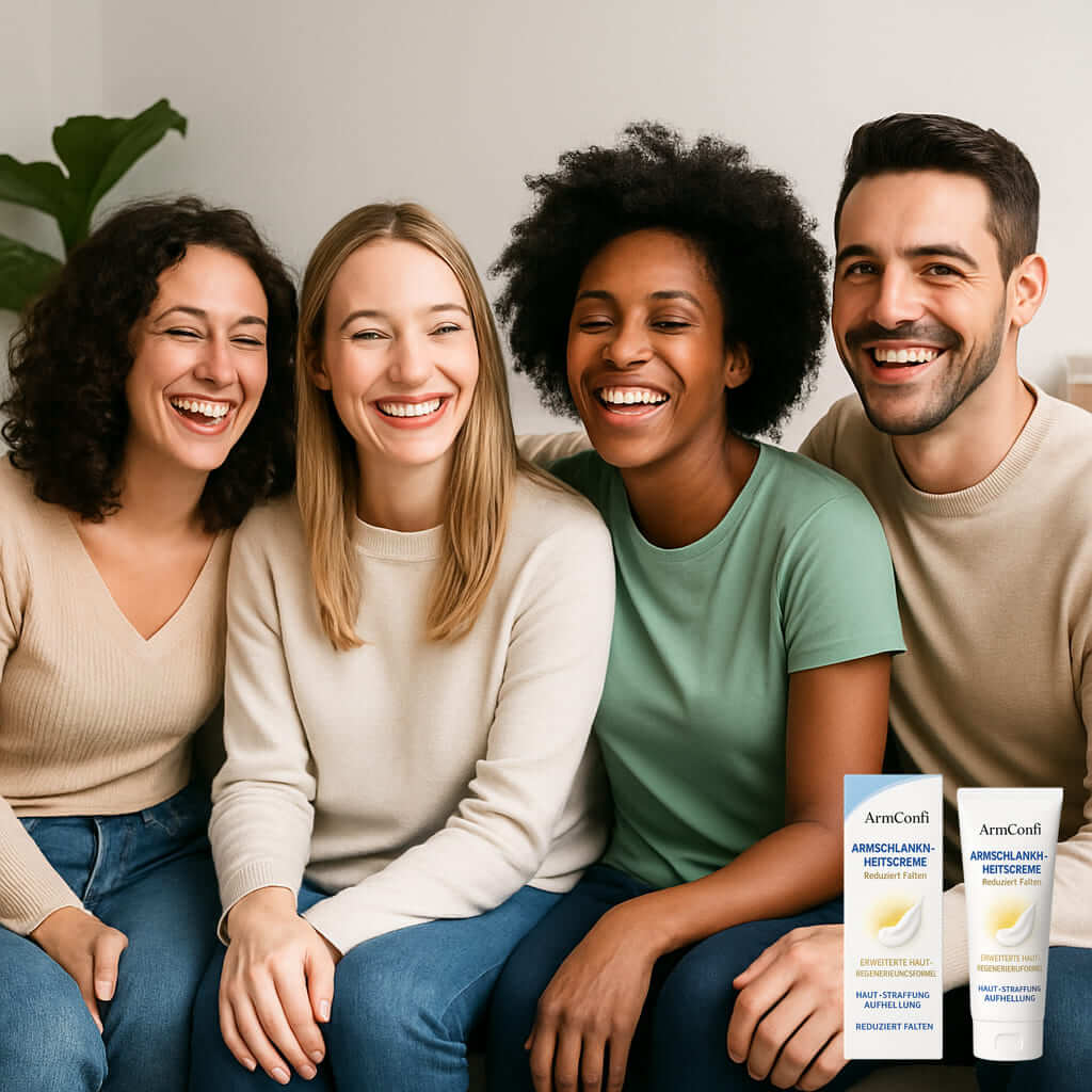 Happy group of diverse friends using ArmConfi Armschlankheitscreme for smooth and firm upper arms.