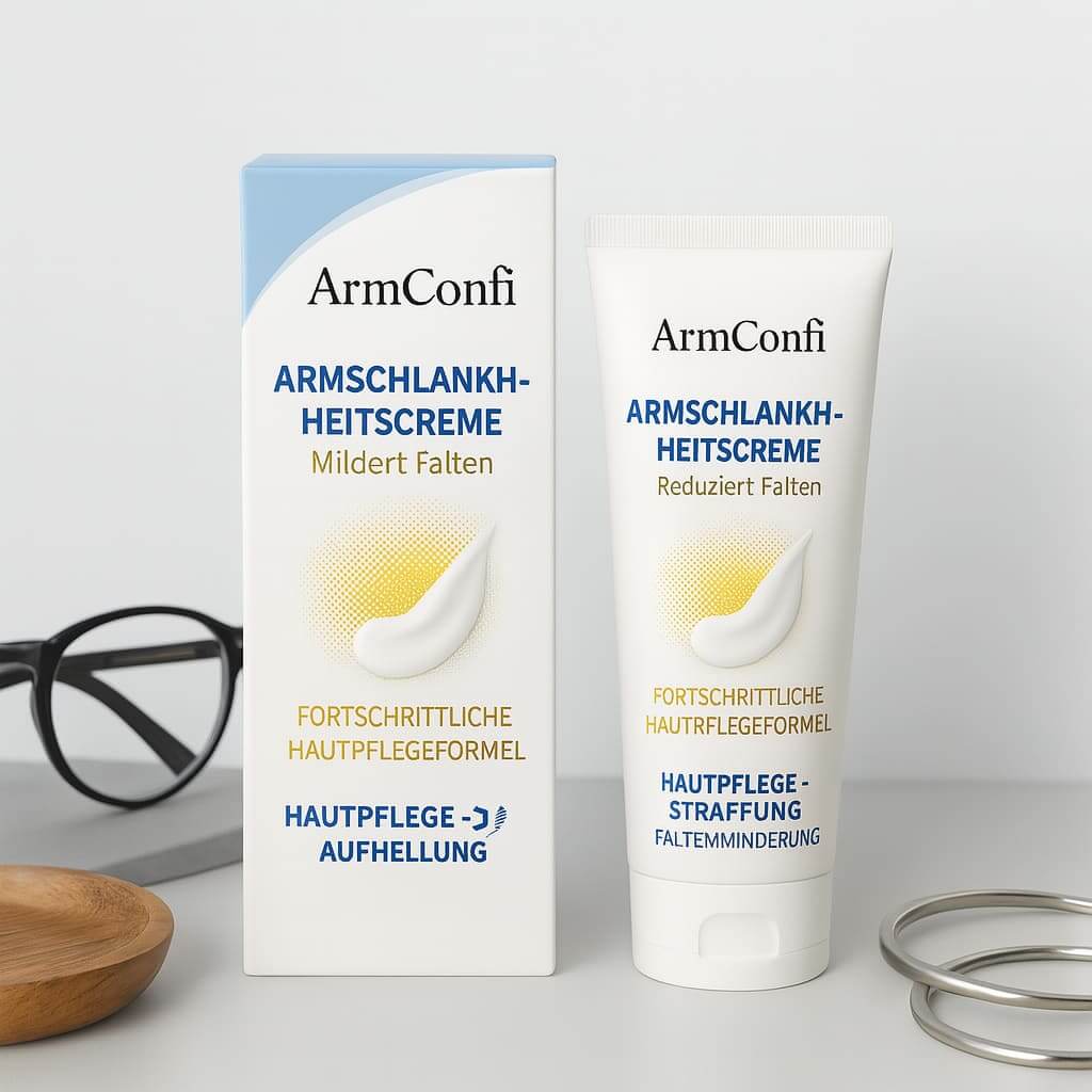 ArmConfi Armschlankheitscreme tube and box on table, skincare for smoother upper arms, reduces wrinkles and firms skin.