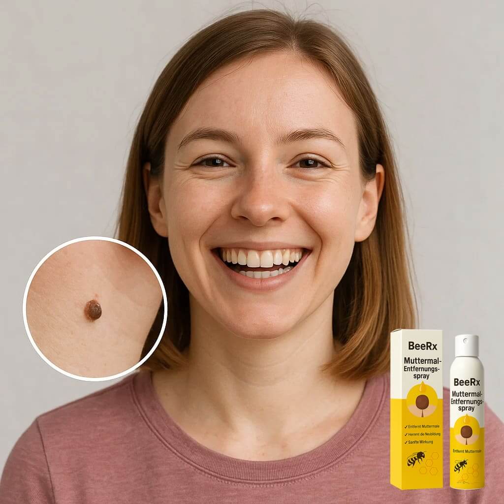 Smiling woman showing skin results with BeeRx Muttermal-Entfernungsspray for mole removal and clearer complexion.