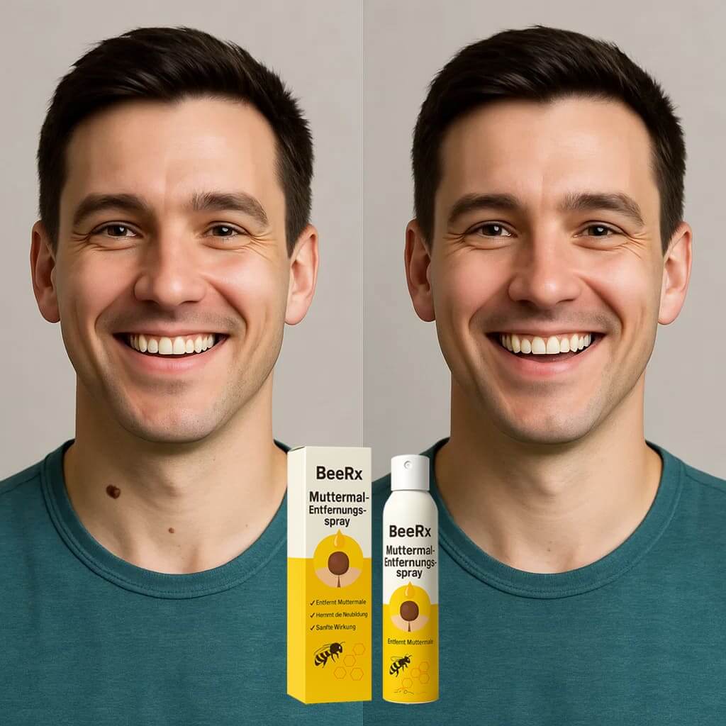 Smiling person with BeeRx Muttermal-Entfernungsspray showcasing mole removal results.
