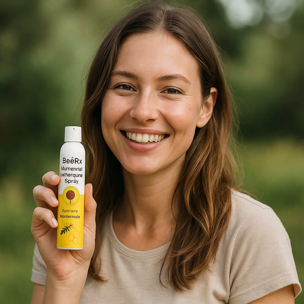 Smiling woman holding BeeRx Muttermal-Entfernungsspray in a natural setting, promoting gentle skincare for clearer skin.