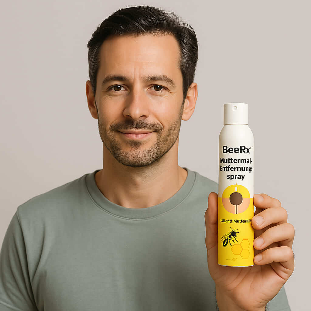 Man holding BeeRx Moles Removal Spray for gentle skin care display, gray shirt, smiling expression.