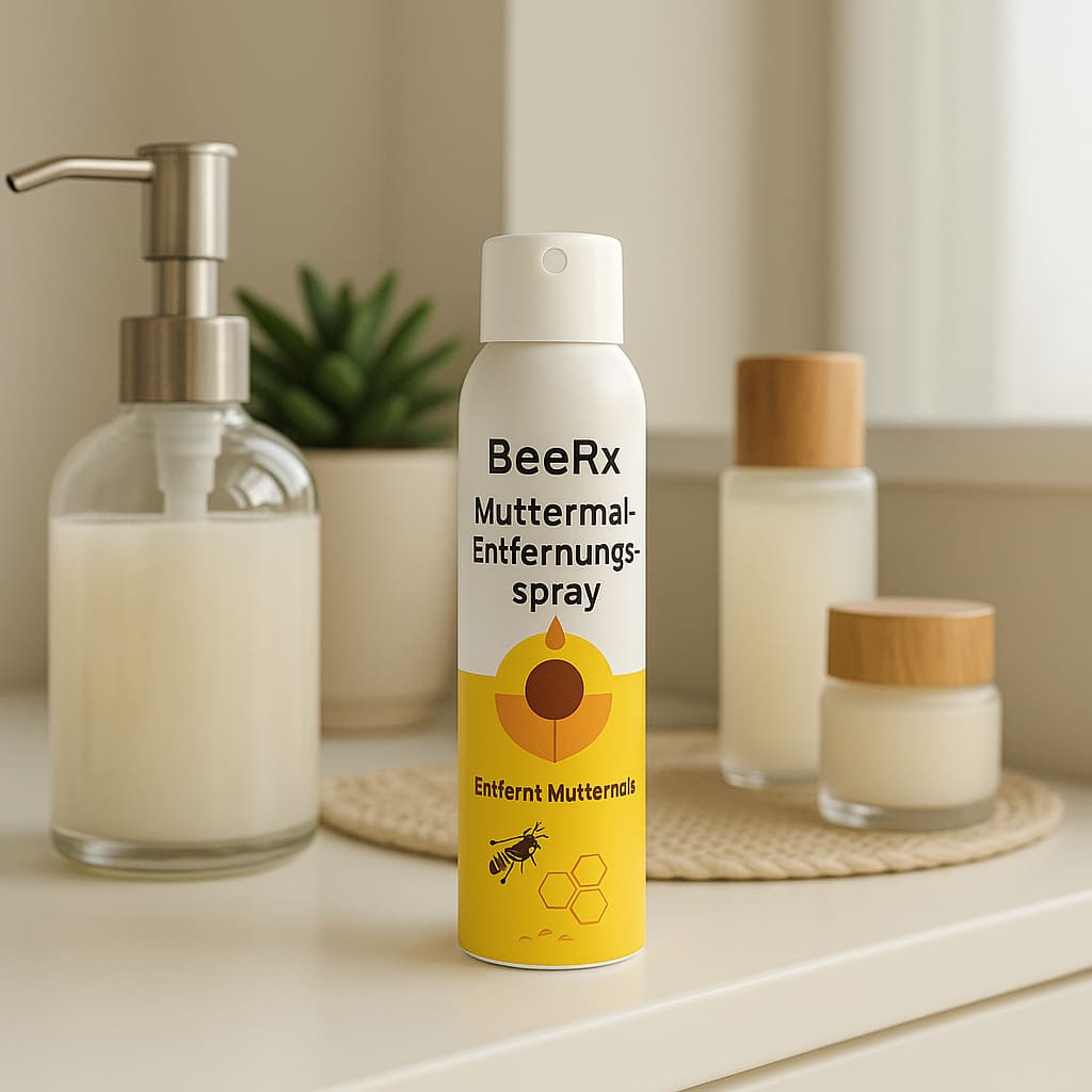 BeeRx Muttermal-Entfernungsspray on bathroom shelf, skin care product for mole and blemish removal with natural ingredients.