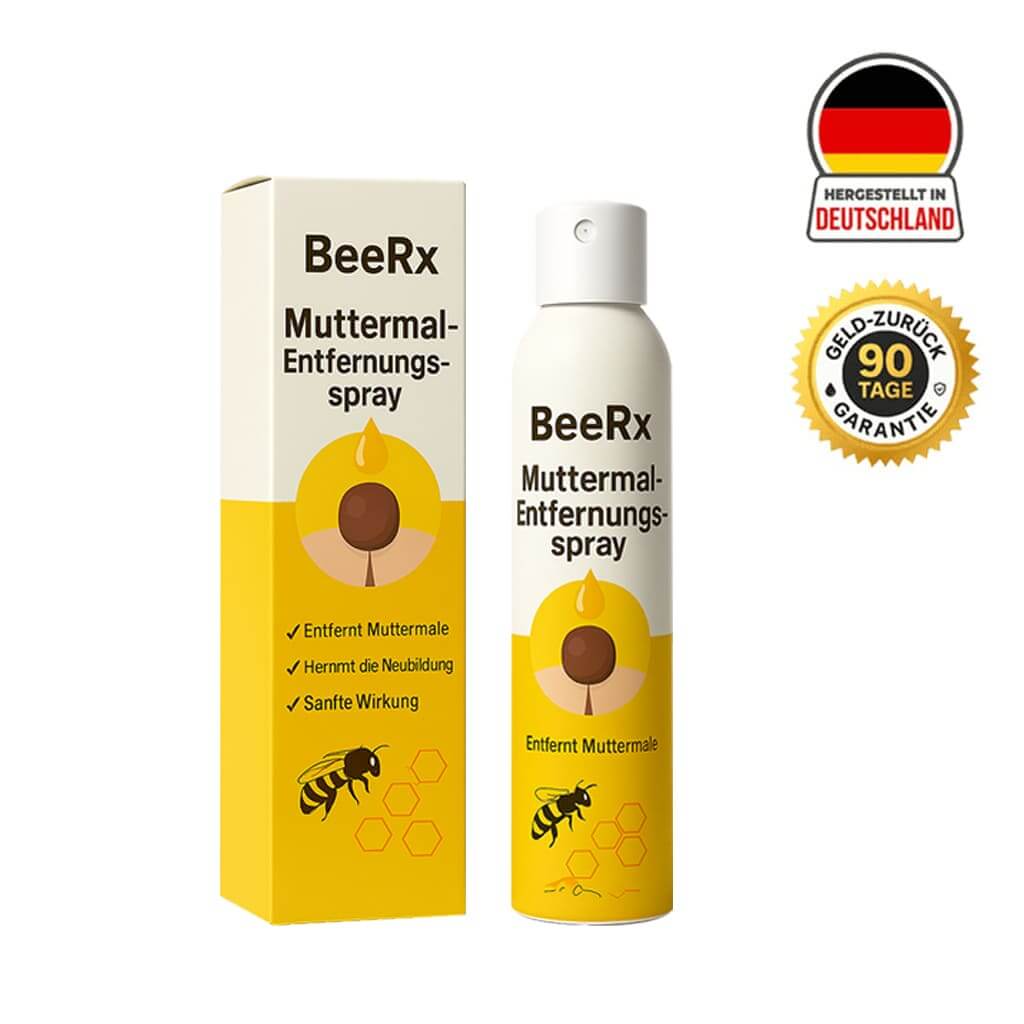 BeeRx Muttermal-Entfernungsspray bottle and box with German quality seal and 90-day guarantee badge