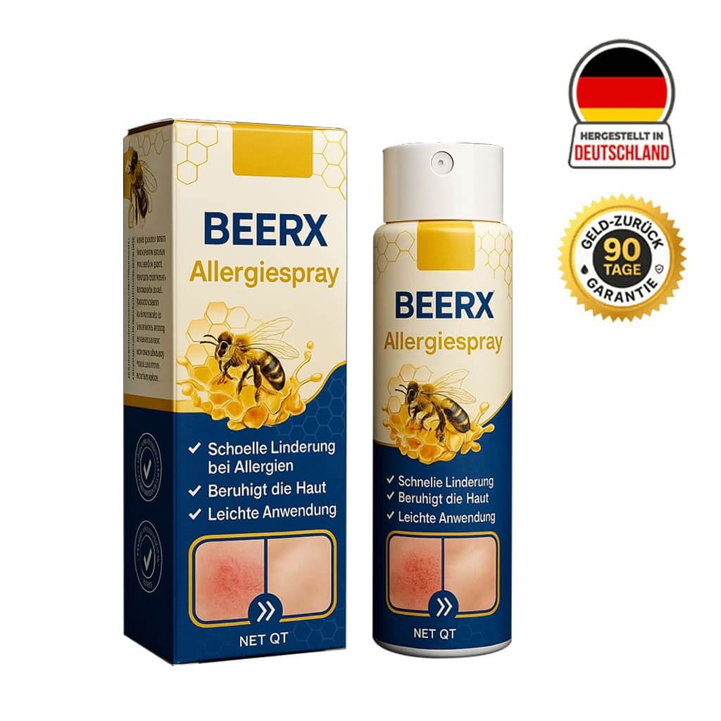BeeRx Allergiespray packaging with German flag and 90-day money-back guarantee badge, highlighting natural allergy relief and soothing properties.