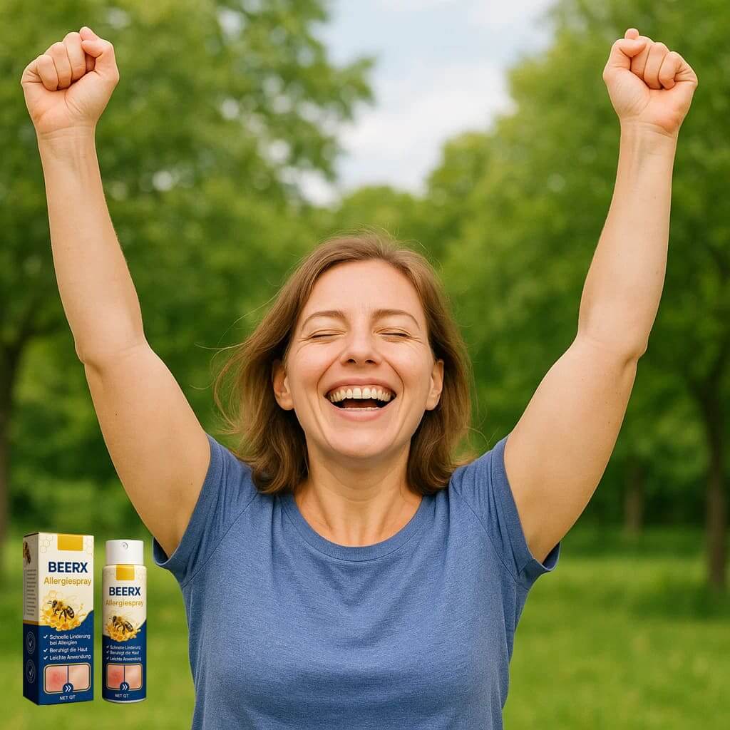 Smiling woman outdoors raising arms in relief with BeeRx Allergiespray packaging, natural allergy relief product.