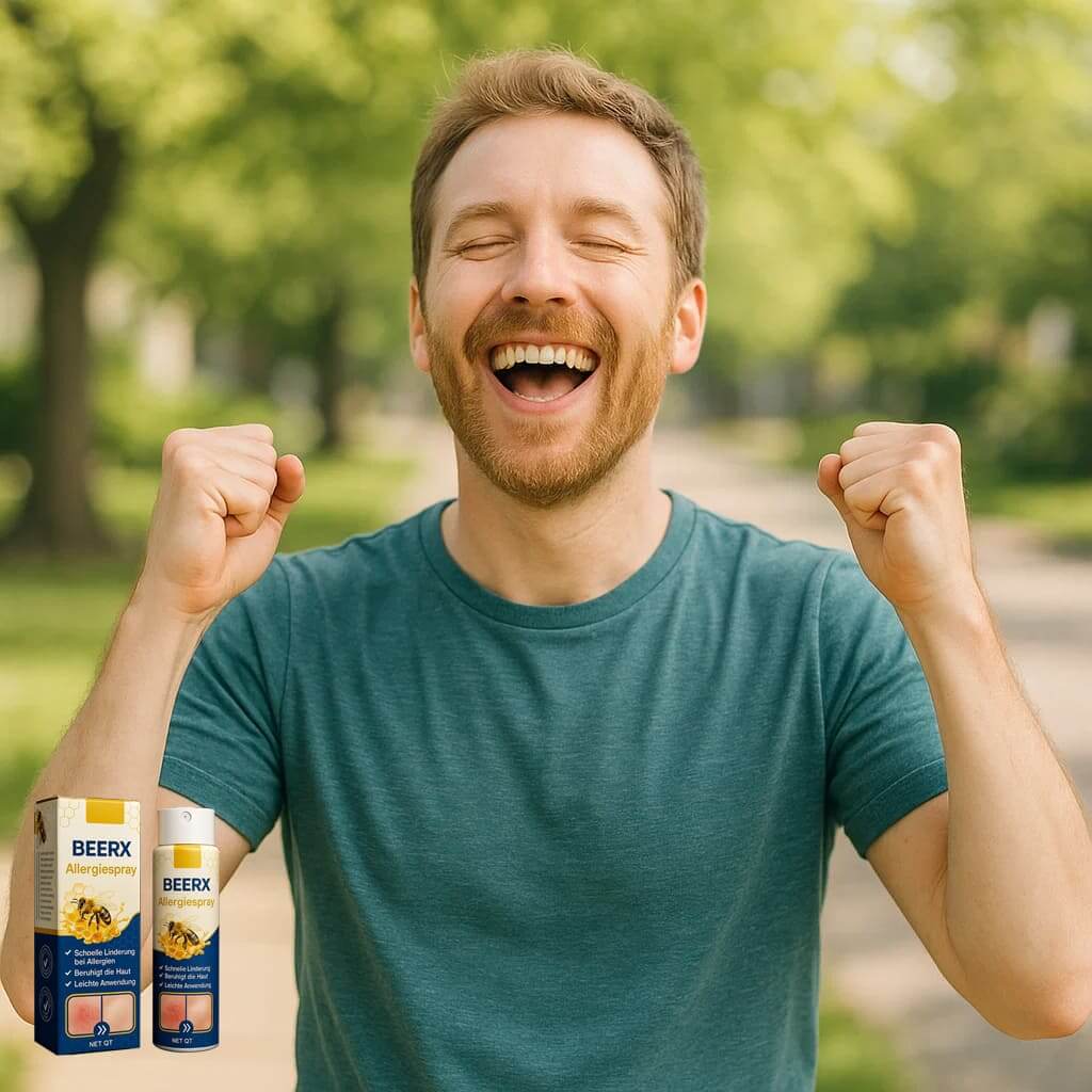 Man joyfully celebrating relief with BeeRx Allergiespray against a natural background, highlighting product benefits for allergies.