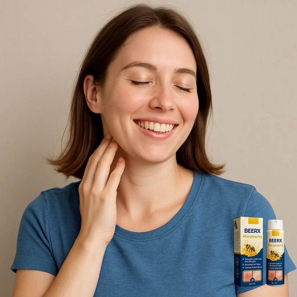 Woman smiling with relief after using BeeRx Allergiespray, shown in packaging with natural bee and plant extracts for healthy breathing.