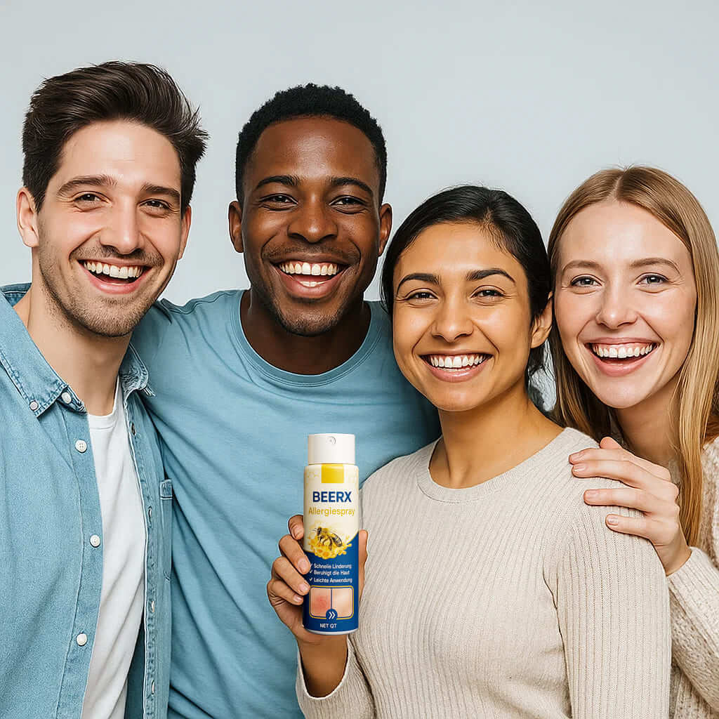 Group of four smiling people holding BeeRx Allergiespray, a natural nasal spray with propolis extract, for allergy relief.