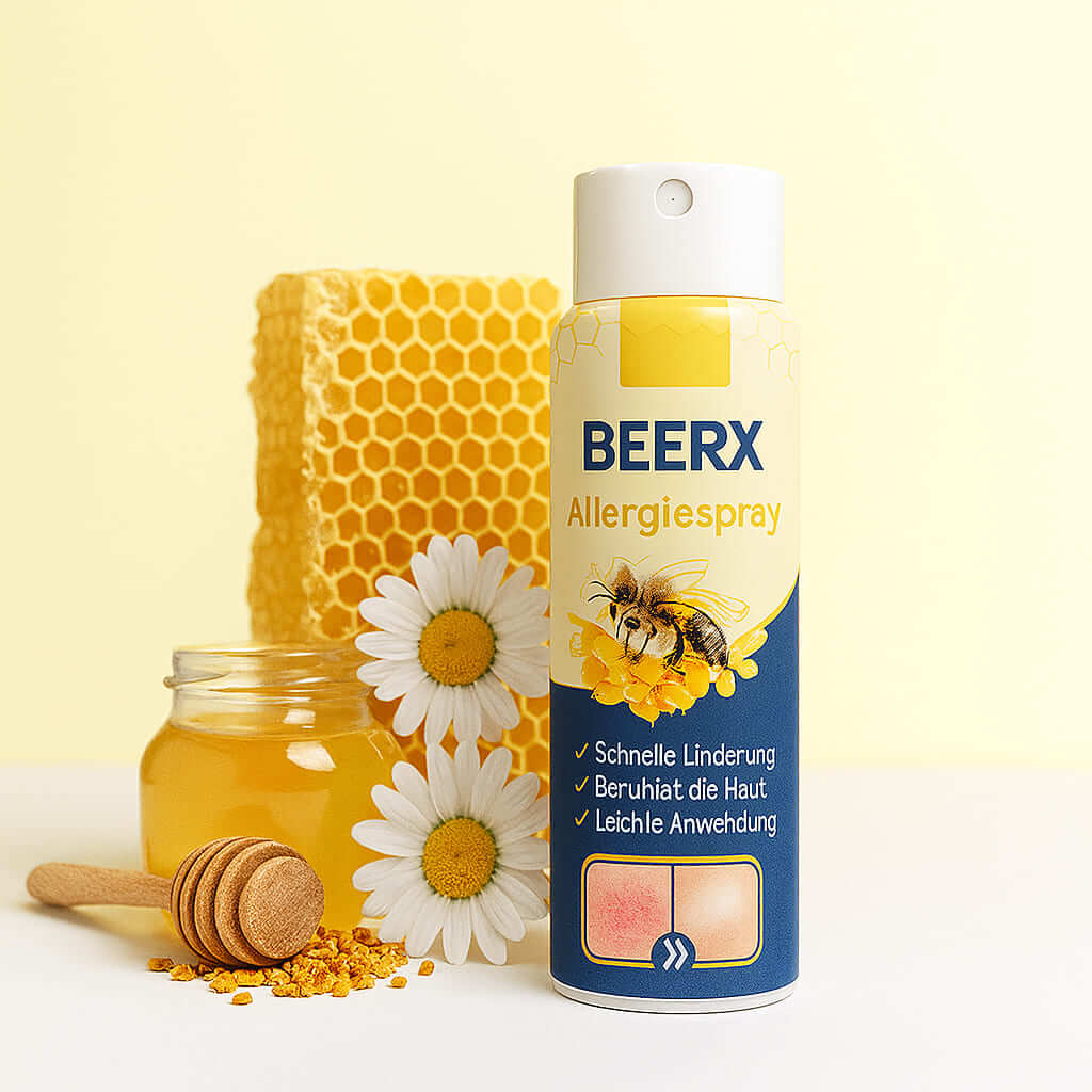 BeeRx Allergiespray with honeycomb and flowers for natural sinus relief and gentle nasal care, featuring propolis.