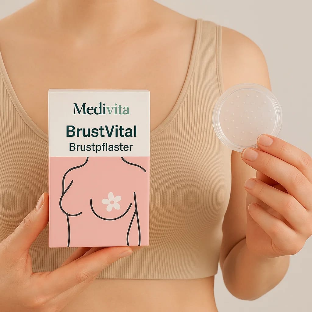 Woman holding Medivita BrustVital product box and patch for natural breast enhancement and firming.