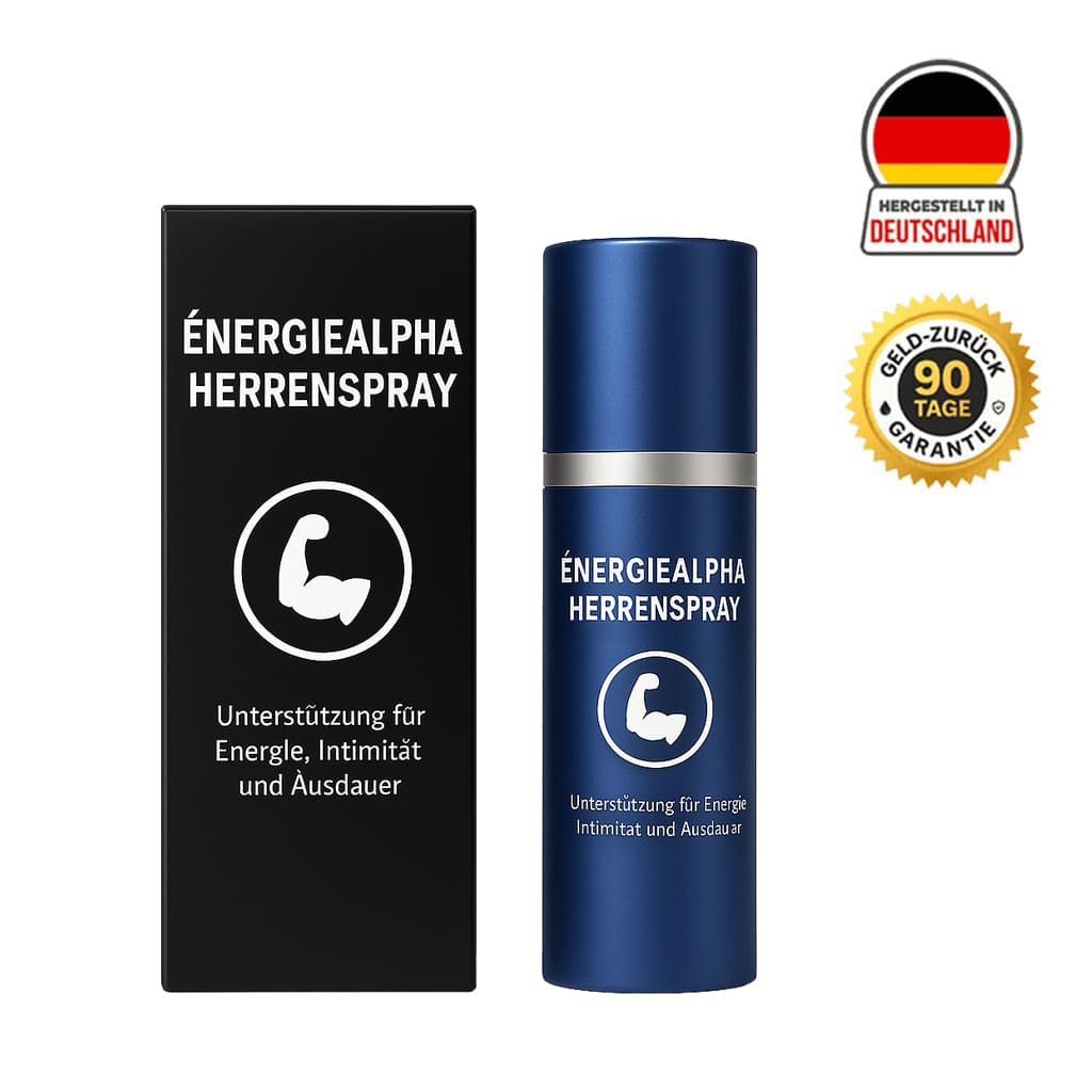 ÉnergieAlpha Herrenspray bottle and packaging for male vitality, featuring German-made guarantee and 90-day money-back seal.