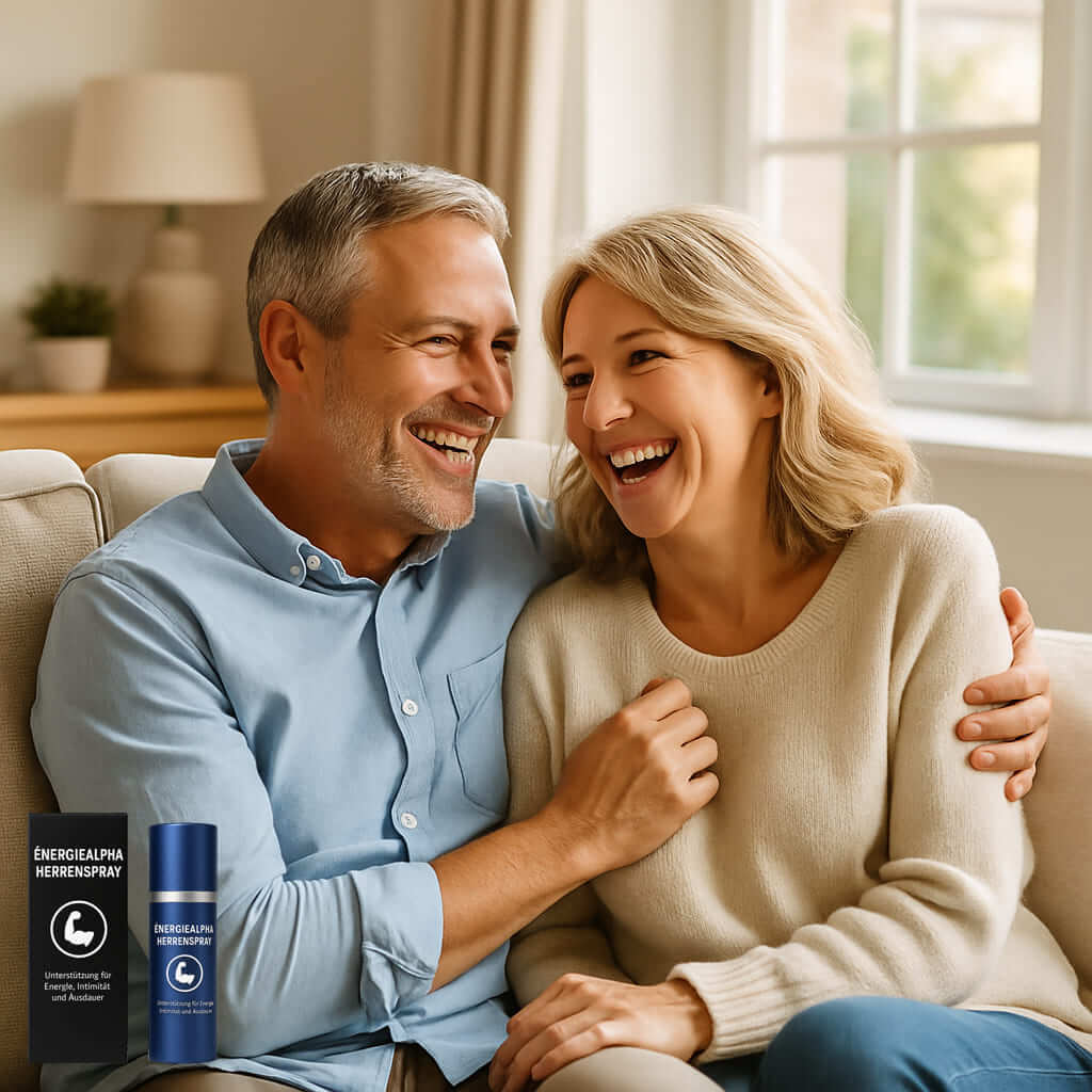 Smiling couple on a couch with ÉnergieAlpha Herrenspray, enhancing male vitality discreetly.