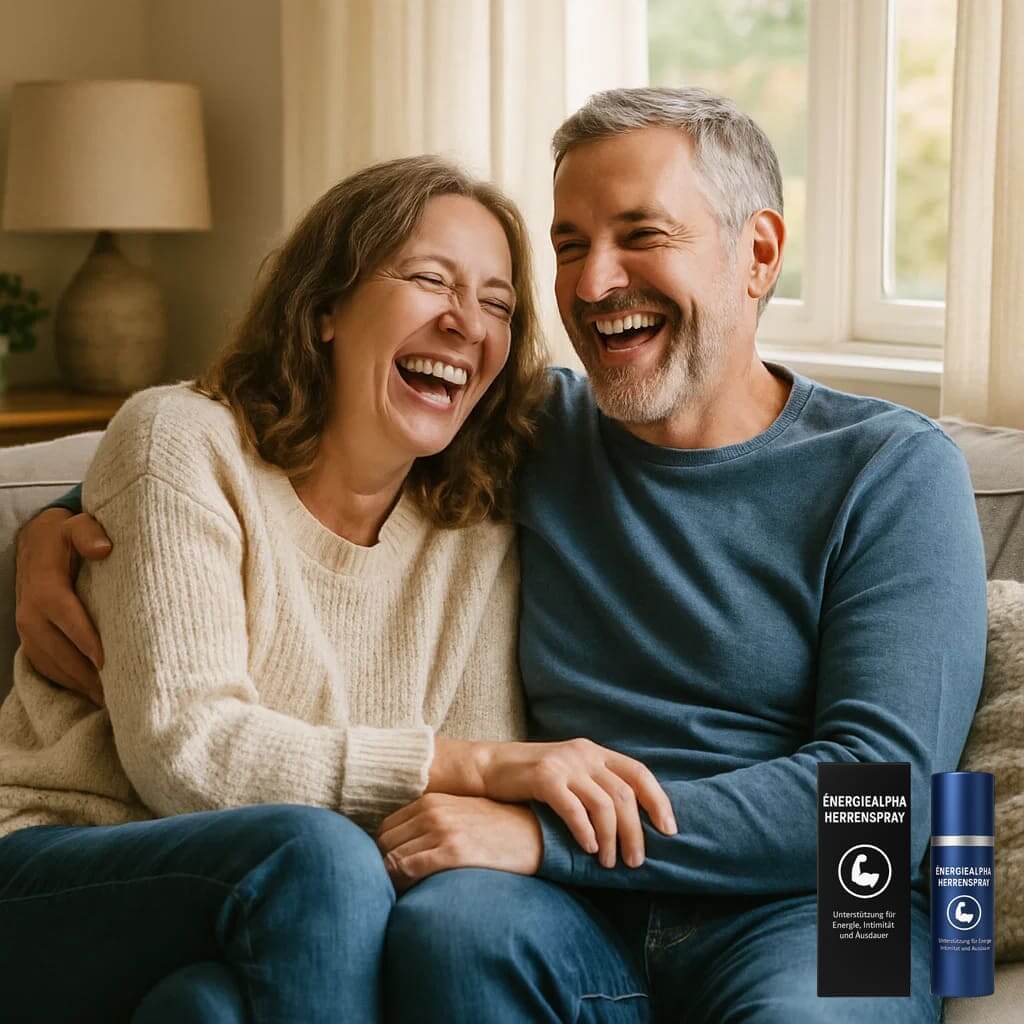 Smiling couple enjoying time together with ÉnergieAlpha Herrenspray packaging displayed in the corner.