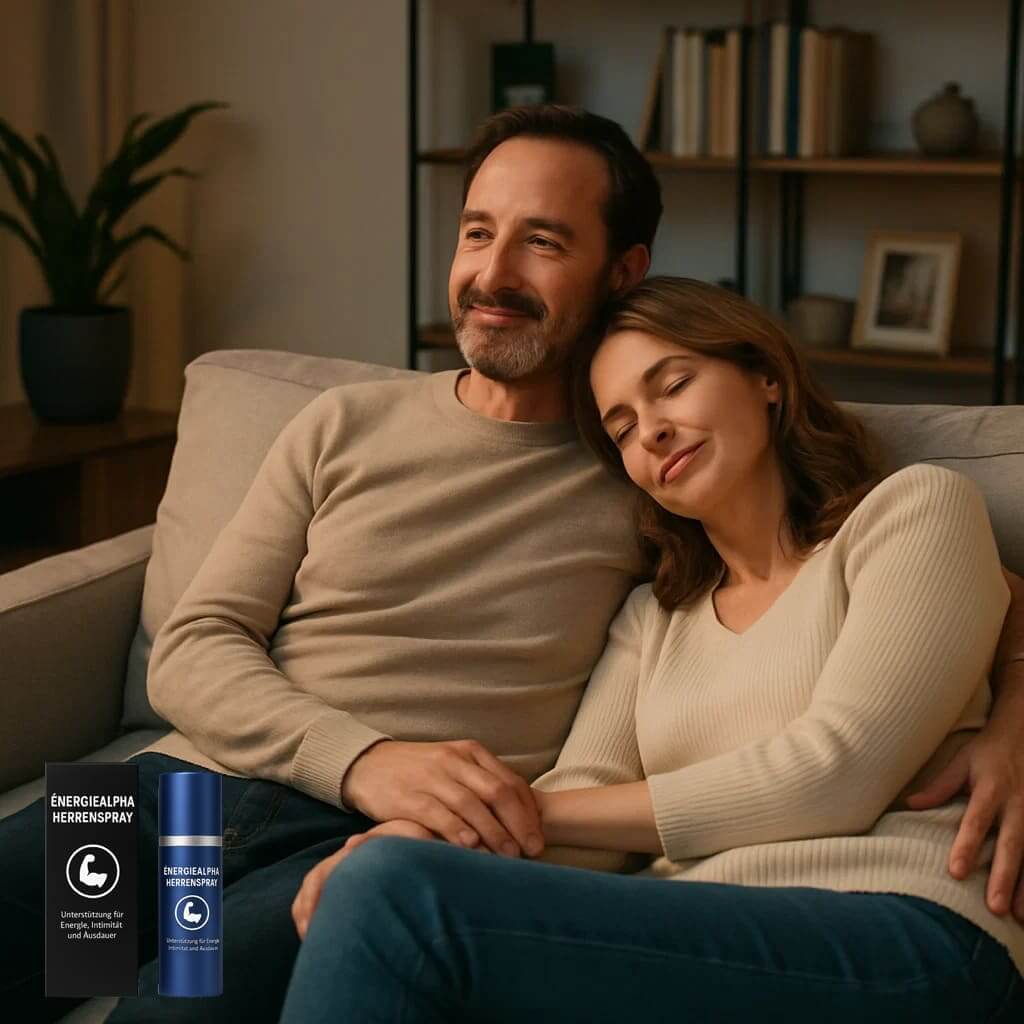 Couple relaxing on sofa with ÉnergieAlpha Herrenspray, enhancing male vitality with discreet support for personal strength.