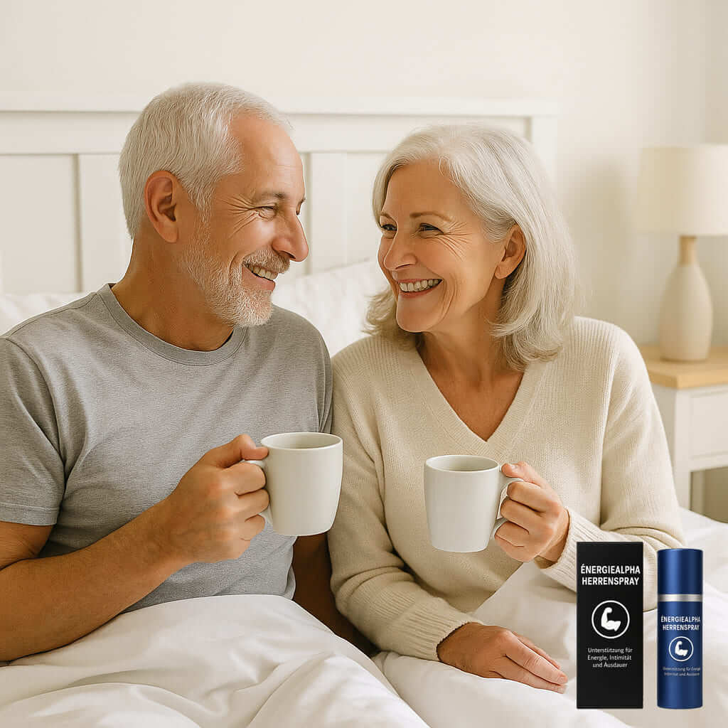 Happy older couple in bed with coffee cups, showcasing ÉnergieAlpha Herrenspray for men's vitality beside them.
