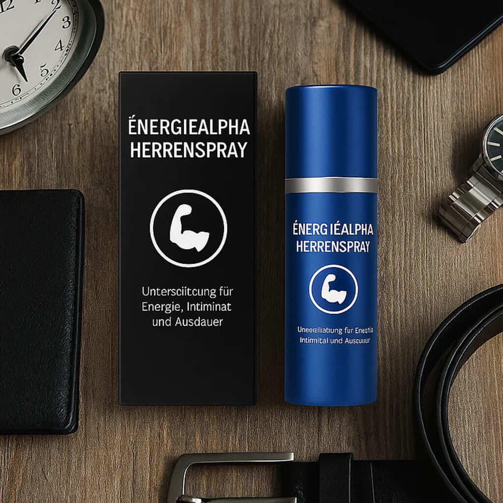 ÉnergieAlpha Herrenspray bottle and packaging on a wooden surface, emphasizing male vitality support formula and discreet use.