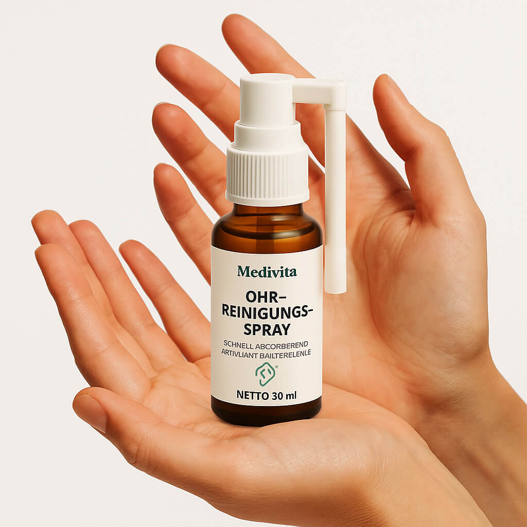 Hands holding Medivita Ohr-Reinigungs-Spray bottle for gentle ear cleaning and care, 30ml