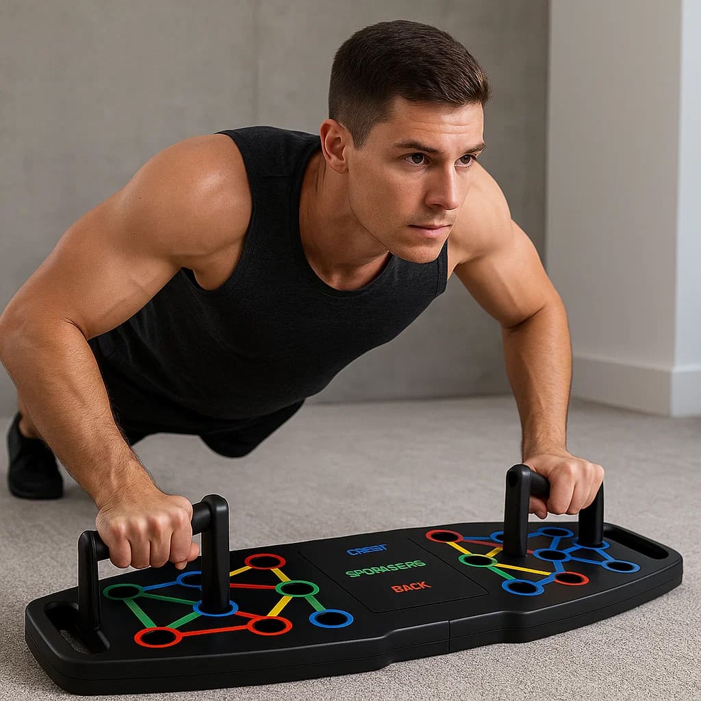 Man performing push-ups on a color-coded push-up board for effective upper body workout.