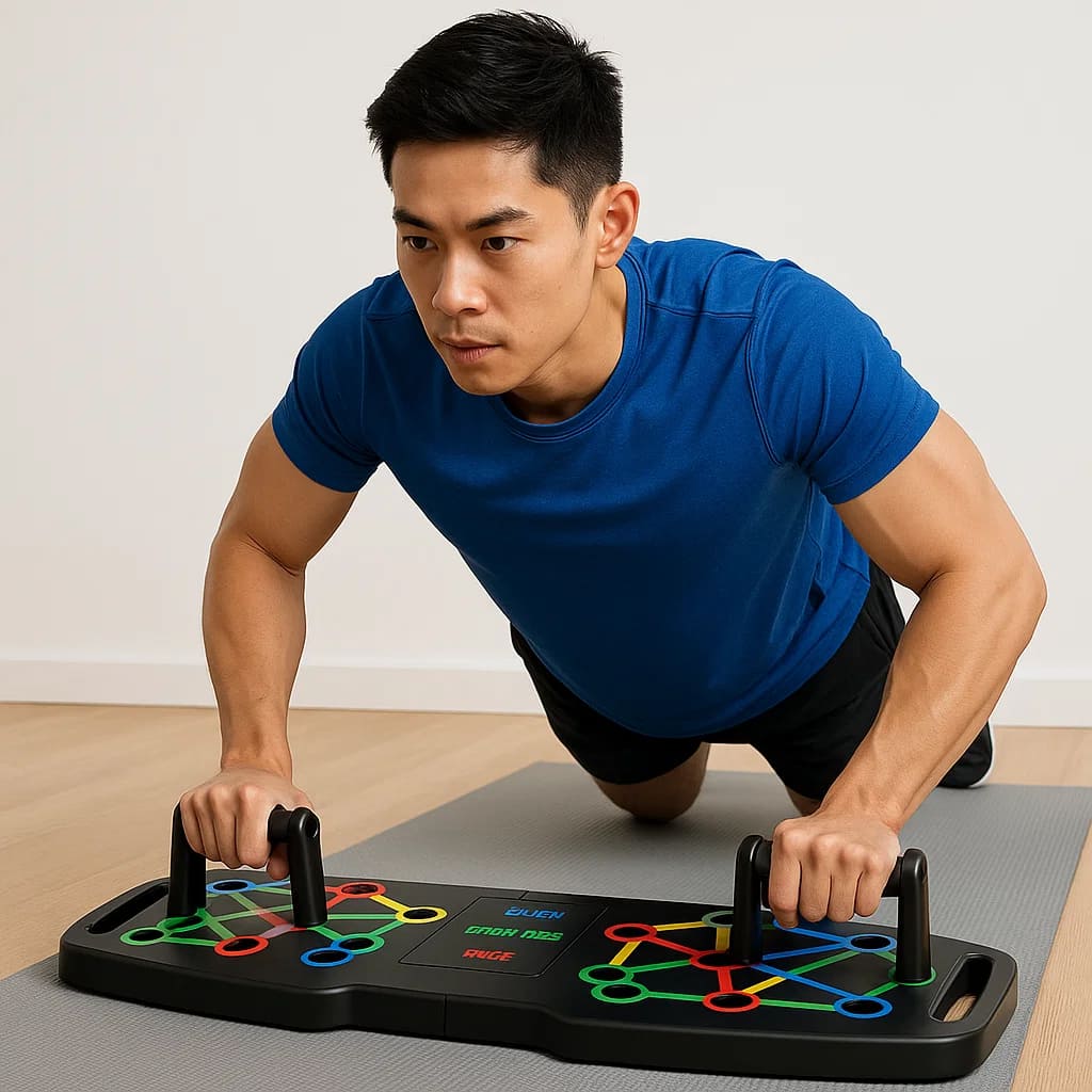 Man exercising with a push-up board in a blue shirt, performing a workout on an exercise mat indoors.