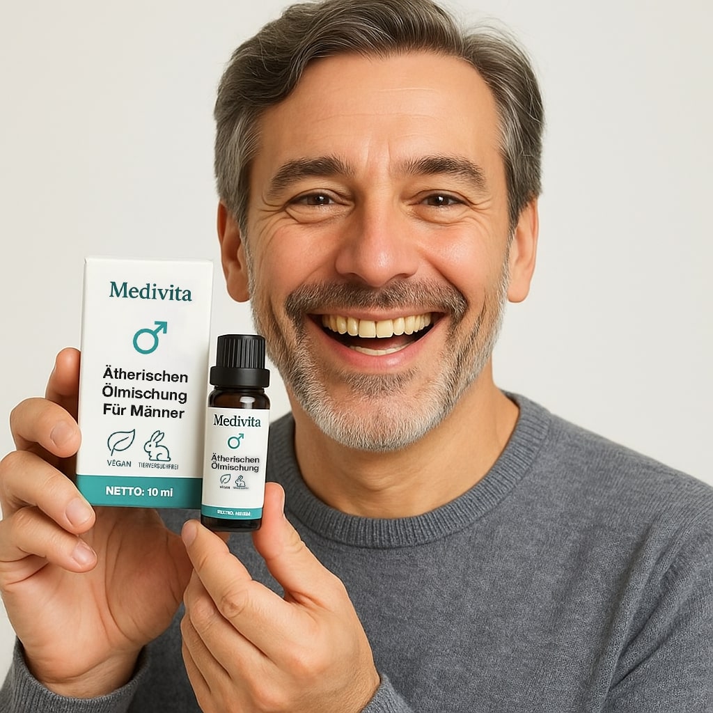 Man holding Medivita Ätherische Ölmischung Für Männer, a natural essential oil blend designed for men's wellness.
