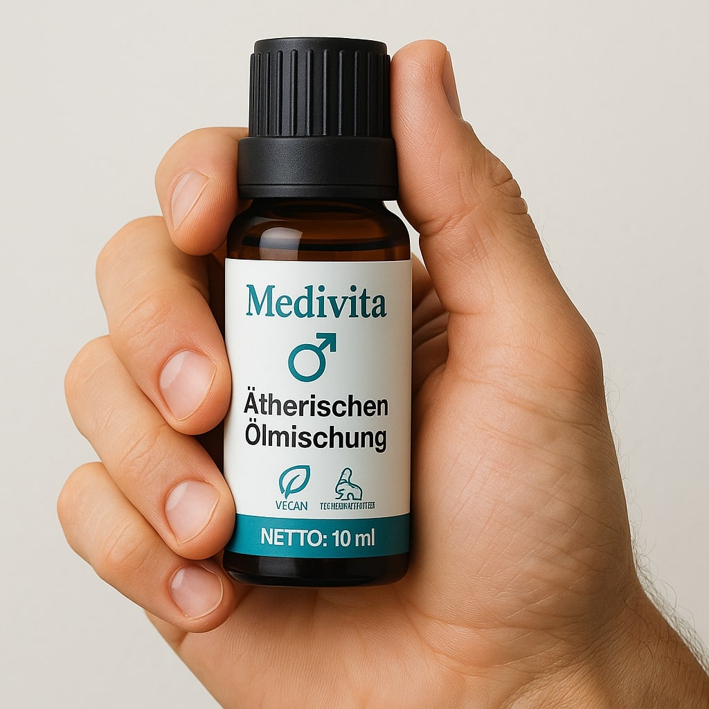 Medivita Ätherische Ölmischung für Männer 10ml bottle held in hand promoting vitality and mental clarity.