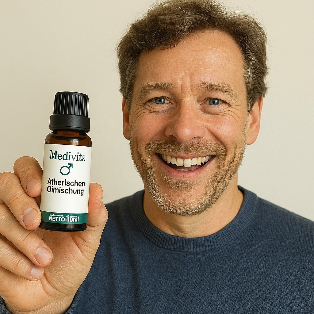 Man holding Medivita Ätherische Ölmischung Für Männer bottle, promoting essential oil benefits for men's vitality and mental clarity.