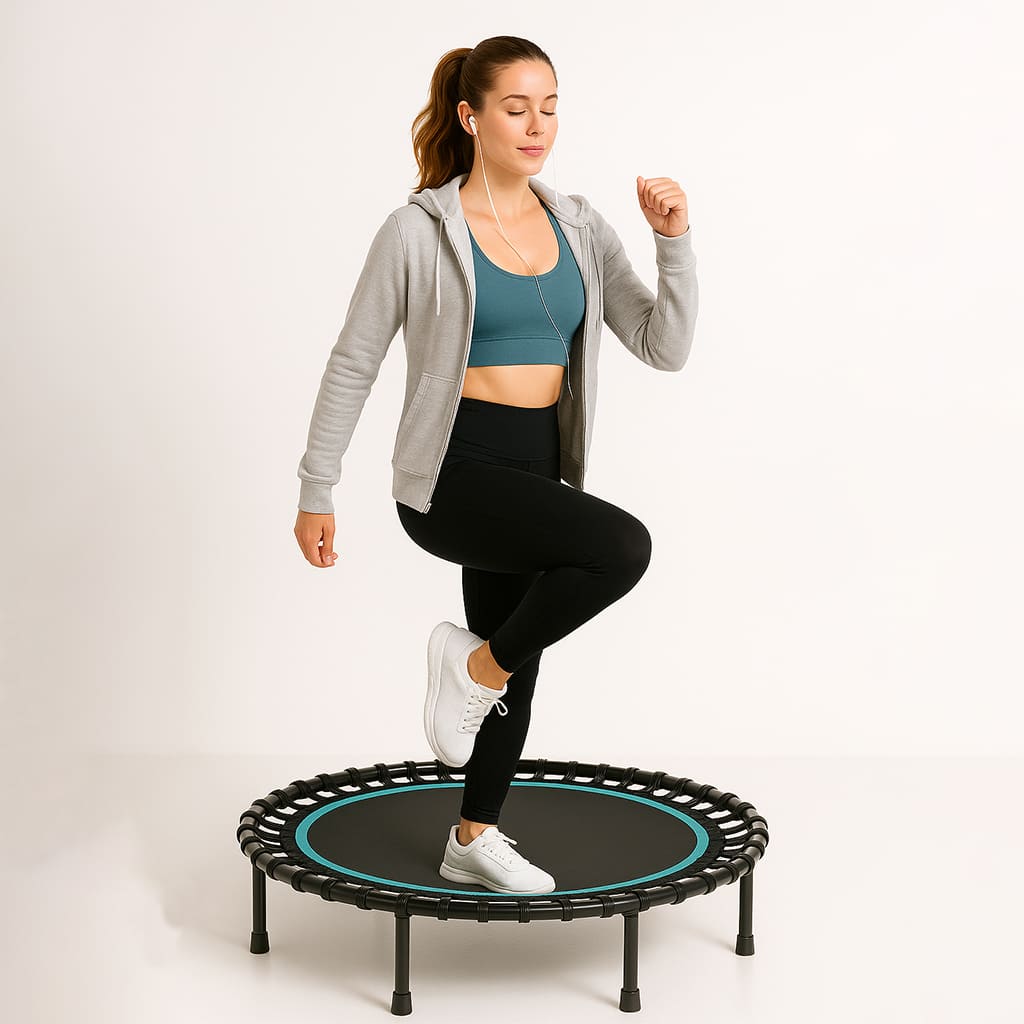 Woman exercising on Medivita AktivSpring mini trampoline for home fitness and cardiovascular health.